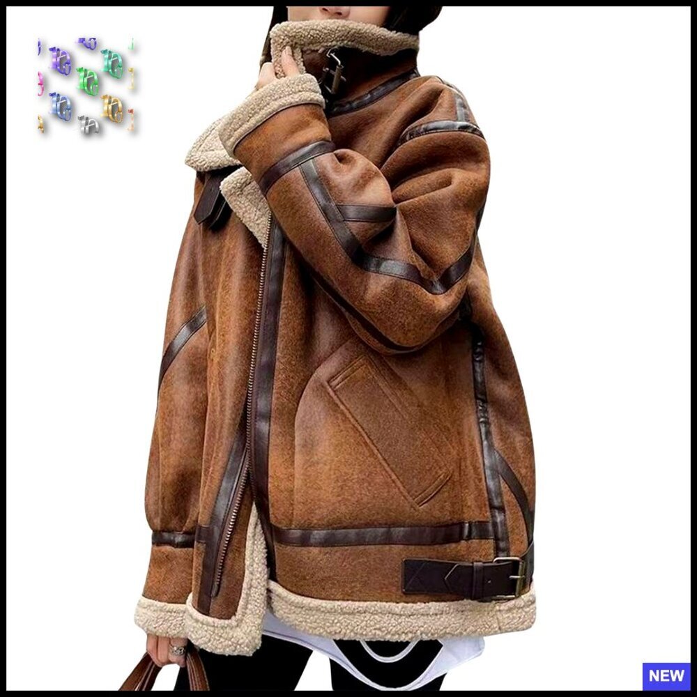 Oversized Faux Suede Moto Jacket Sherpa Lined Aviator Style Winter Coat